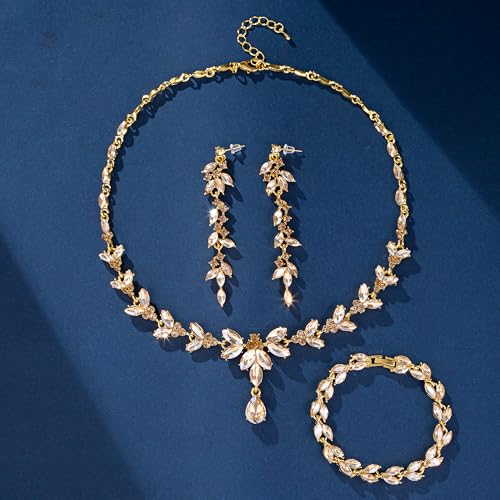 Paxuan Wedding Jewelry Sets for Bride Bridesmaid Bridal Jewelry Set for Women Wedding Crystal Necklace Earrings Bracelet Set for Party Prom Jewelry (Champagne - 14K Gold) - Image 5