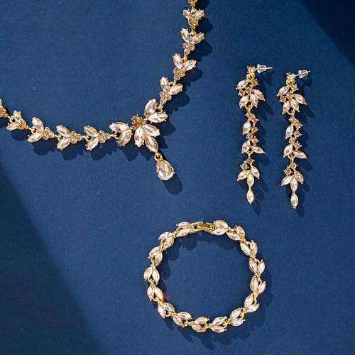 Paxuan Wedding Jewelry Sets for Bride Bridesmaid Bridal Jewelry Set for Women Wedding Crystal Necklace Earrings Bracelet Set for Party Prom Jewelry (Champagne - 14K Gold) - Image 4
