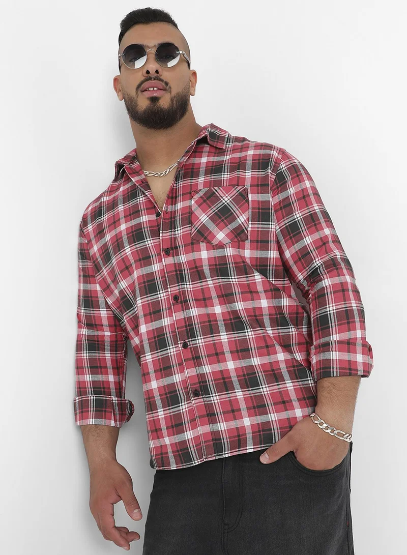 Instafab Plus Men's Crimson Red & Moon Black Tartan Plaid Shirt For Casual Wear | Spread Collar | Long Sleeve | Button Closure | Shirt Crafted With Comfort Fit For Everyday Wear