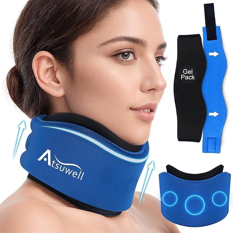 Atsuwell Neck Brace for Sleeping, Soft Cervical Collar for Neck Pain and Support, Adjustable Neck Support Brace with Hot Cold Gel Packs Reusable for Office Pressure, Surgery Recovery, Fatigue, Blue - Image 1