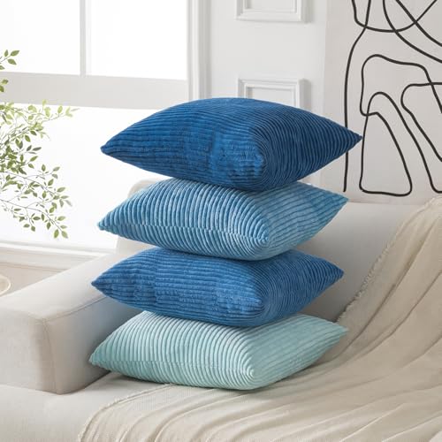 Volcanics Set of 4 Light Blue Corduroy Decorative Couch Throw Pillow Covers 18x18 Inch Soft Modern Boho Striped Accent Cushion Cases for Beach Patio Balcony Summer Gradient Shams Home Decor - Image 3