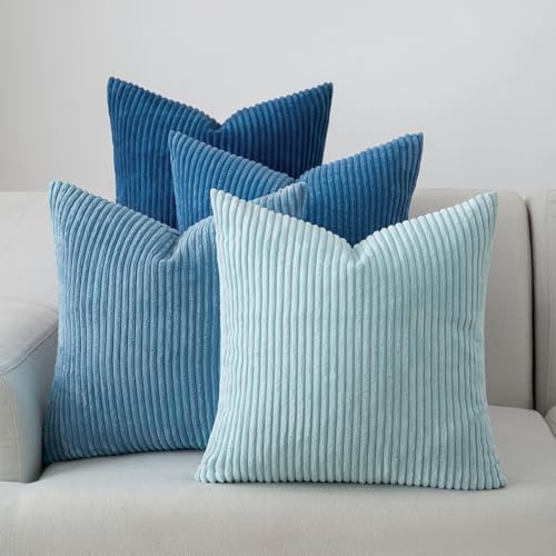 Volcanics Set of 4 Light Blue Corduroy Decorative Couch Throw Pillow Covers 18x18 Inch Soft Modern Boho Striped Accent Cushion Cases for Beach Patio Balcony Summer Gradient Shams Home Decor - Image 1