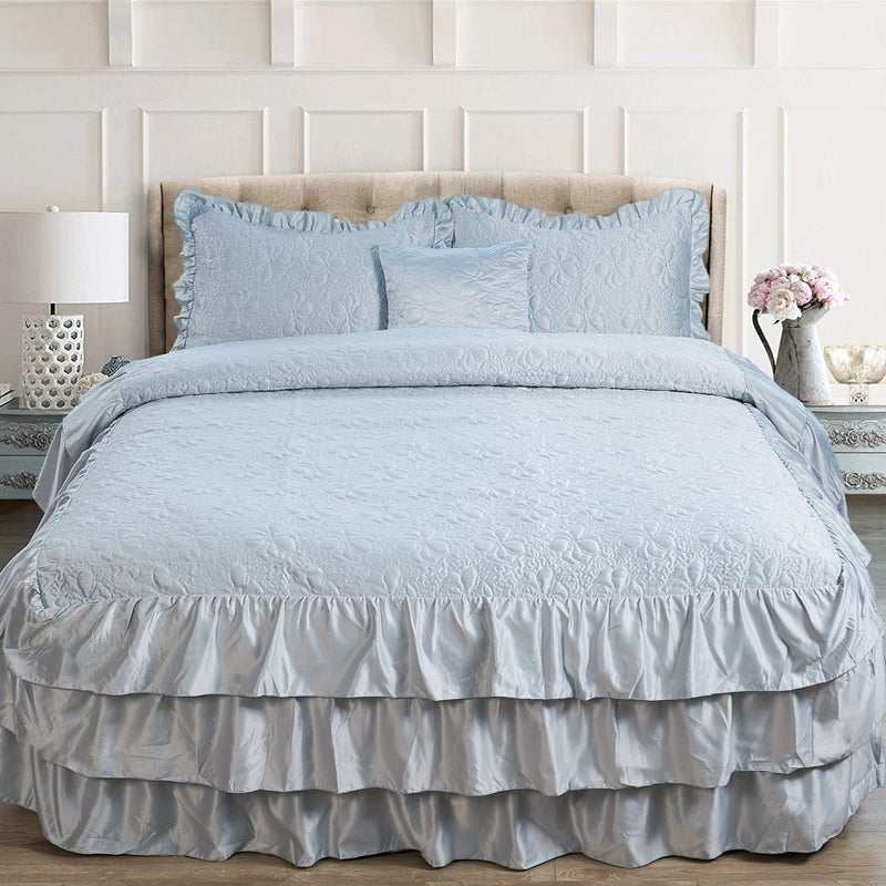 Home Soft Things 4 Piece Matte Satin Ruffle Quilted Bedspread Set 24 Drop Ruffled Style Bed Skirt Coverlets Lightweight Reversible Bedding Set Cover King 78 x 80 24 Light Blue