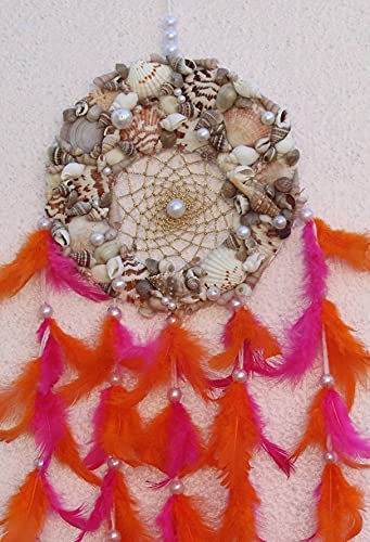 Yuvicreations Round Shape sea Shell Dream Catcher for Wall dcor Fine Quality Feathers Natural Shells Orange and Dark Pink  - Image 2