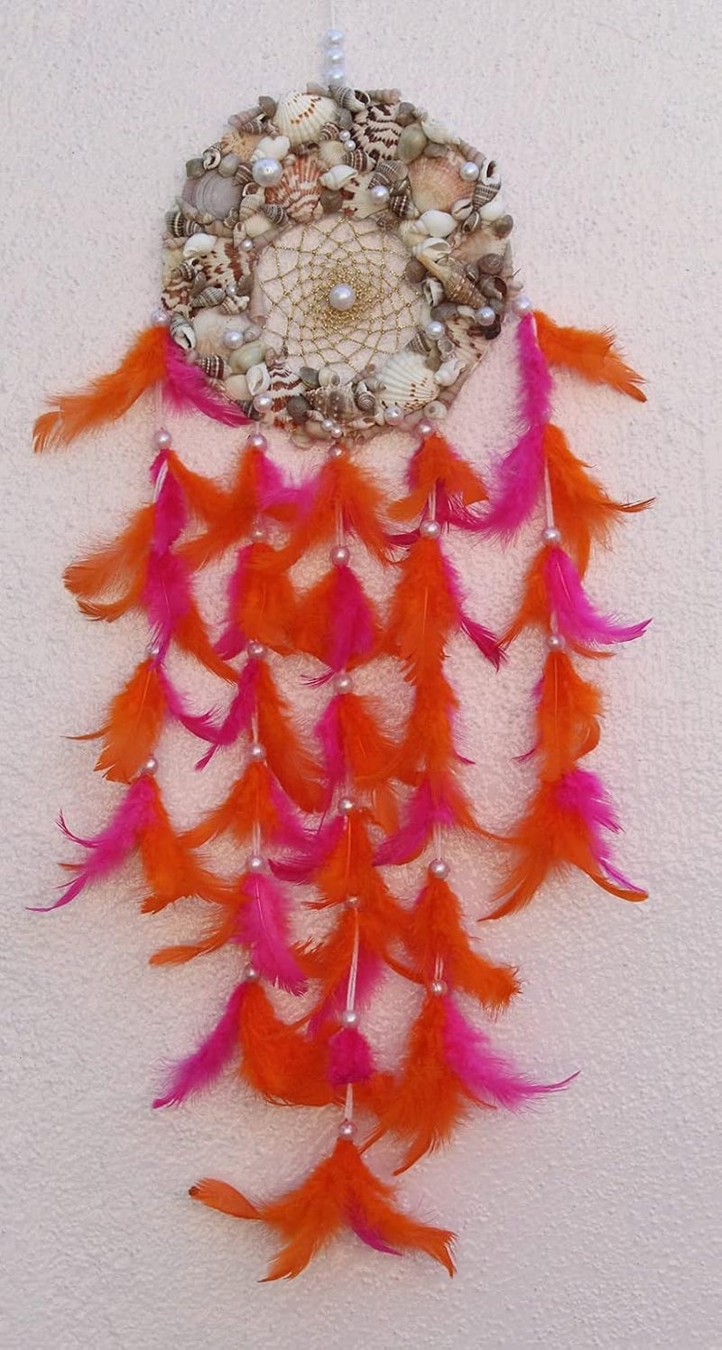Yuvicreations Round Shape sea Shell Dream Catcher for Wall dcor Fine Quality Feathers Natural Shells Orange and Dark Pink  - Image 1