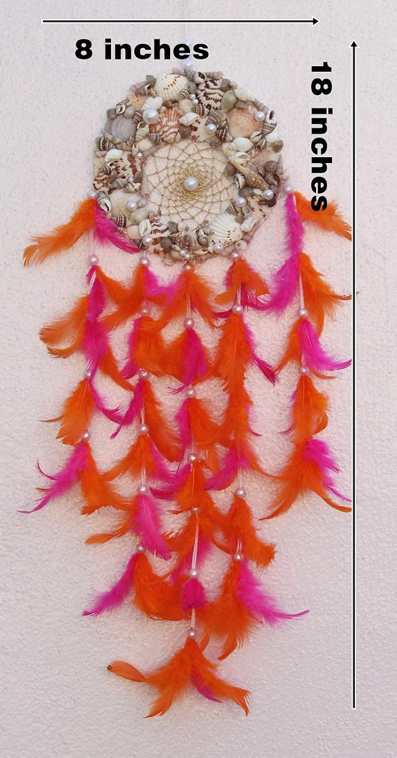 Yuvicreations Round Shape sea Shell Dream Catcher for Wall dcor Fine Quality Feathers Natural Shells Orange and Dark Pink  - Image 3