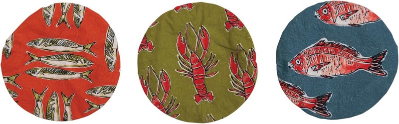 Creative CoOp Round Cotton Bowl Lining and Sea Life Designs Set of 3 Styles Multicolor Food Cover Multi - Image 1