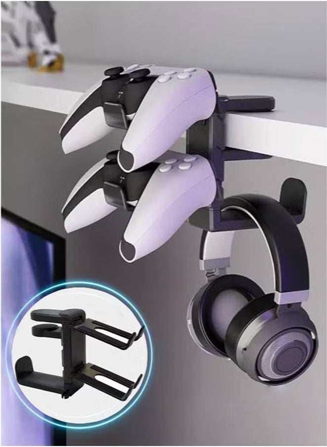 3-in-1 PC Gaming Headset and Controller Holder, Headphone Stand with 360° Rotation Non-Slip Clamp & 2 Controller Holders, Universal Gaming Accessories Organizer for Controllers, Headphones and Cables - Image 1
