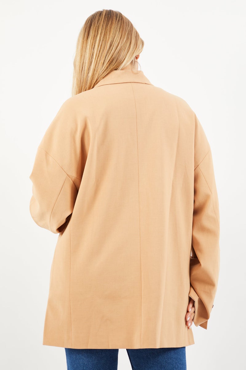 VERO MODA Women Regular Fit Solid Blazer Jacket, Tan - Image 3