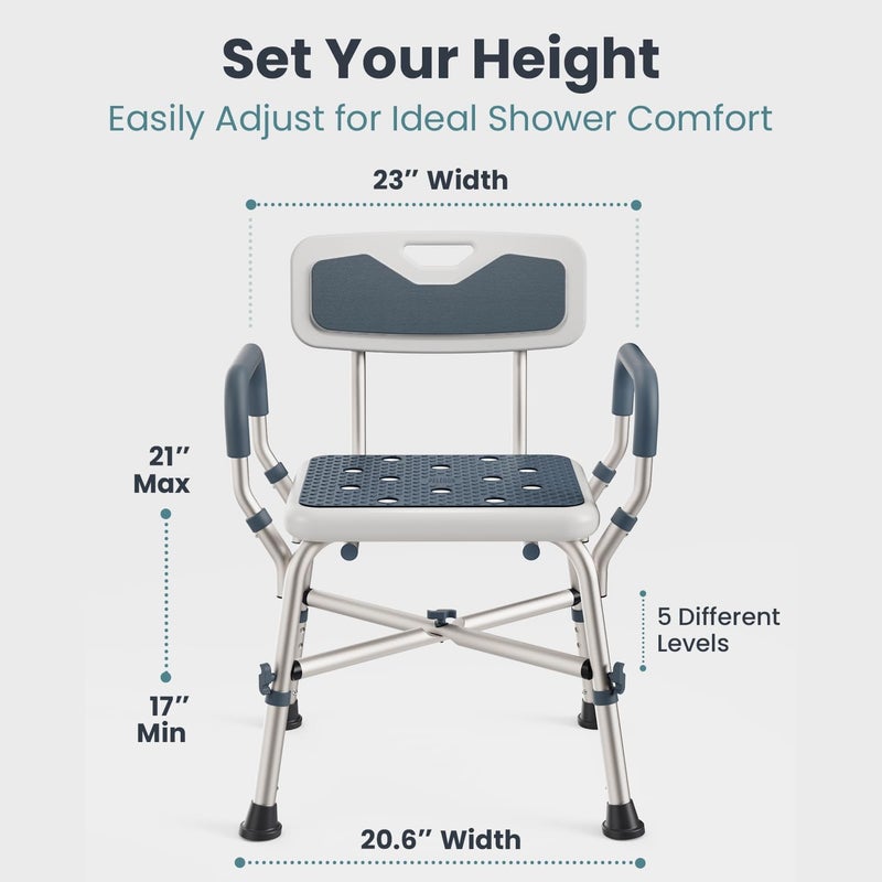 PELEGON Shower Chair for Elderly and Disabled (450lb) with Padded Armrests and Back, Adjustable Height Shower Seat, Heavy Duty Shower Chairs for Inside Shower, Handicap - Blue - Image 4