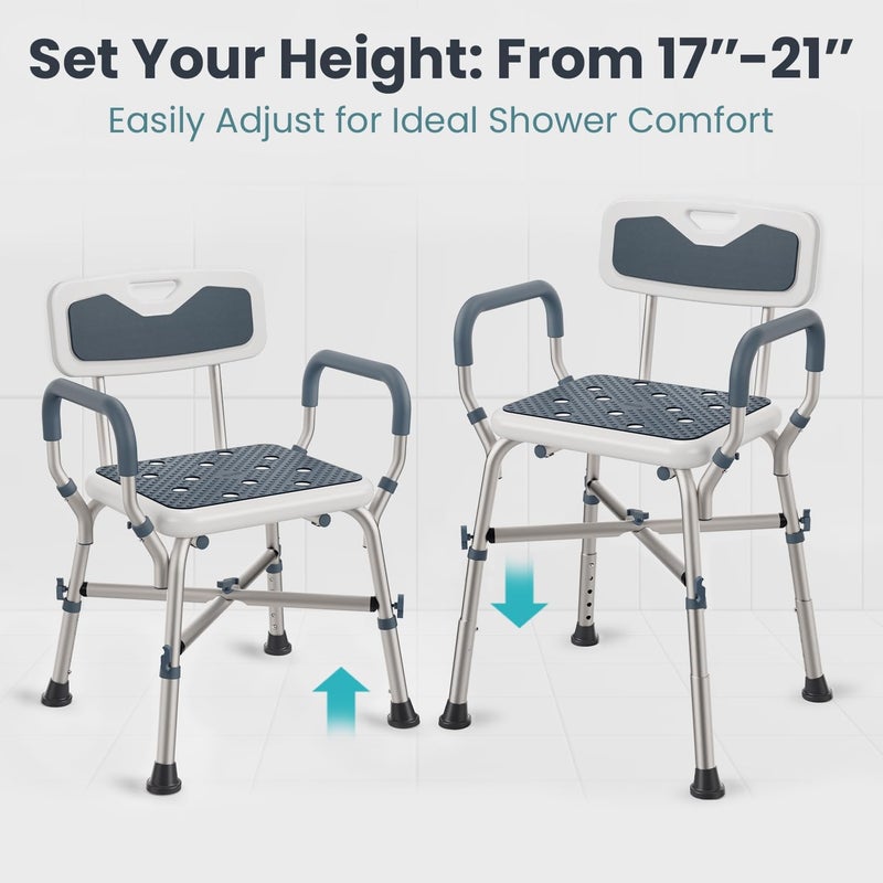 PELEGON Shower Chair for Elderly and Disabled (450lb) with Padded Armrests and Back, Adjustable Height Shower Seat, Heavy Duty Shower Chairs for Inside Shower, Handicap - Blue - Image 3