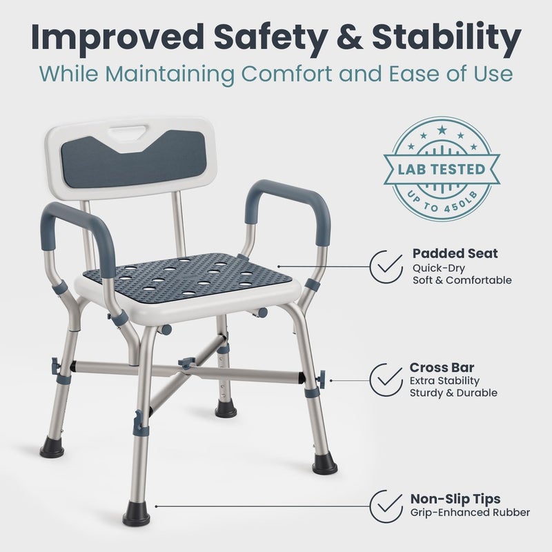 PELEGON Shower Chair for Elderly and Disabled (450lb) with Padded Armrests and Back, Adjustable Height Shower Seat, Heavy Duty Shower Chairs for Inside Shower, Handicap - Blue - Image 2
