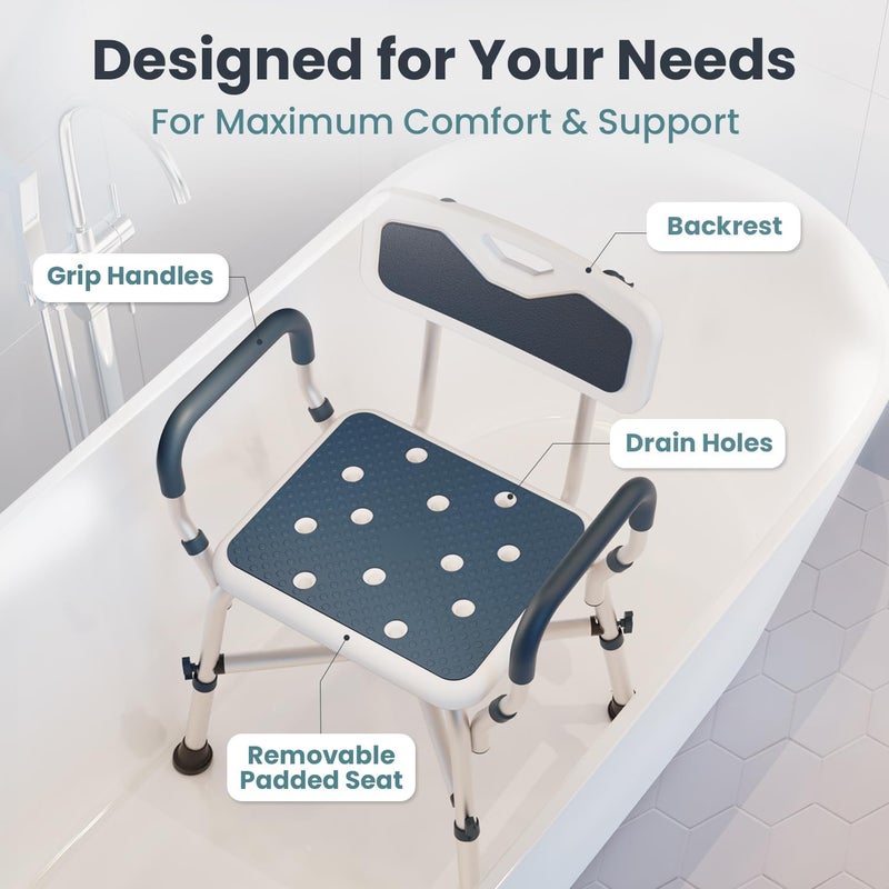 PELEGON Shower Chair for Elderly and Disabled (450lb) with Padded Armrests and Back, Adjustable Height Shower Seat, Heavy Duty Shower Chairs for Inside Shower, Handicap - Blue - Image 5