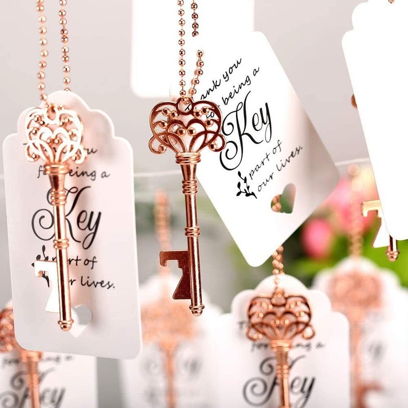 WODEGIFT 20 PCS Wedding Favors Key Bottle Opener,Vintage Skeleton Key Bottle Openers with Thank You Tags and Key Chains,Baby Shower Favor for Guests Girl（Rose Gold） - Image 3