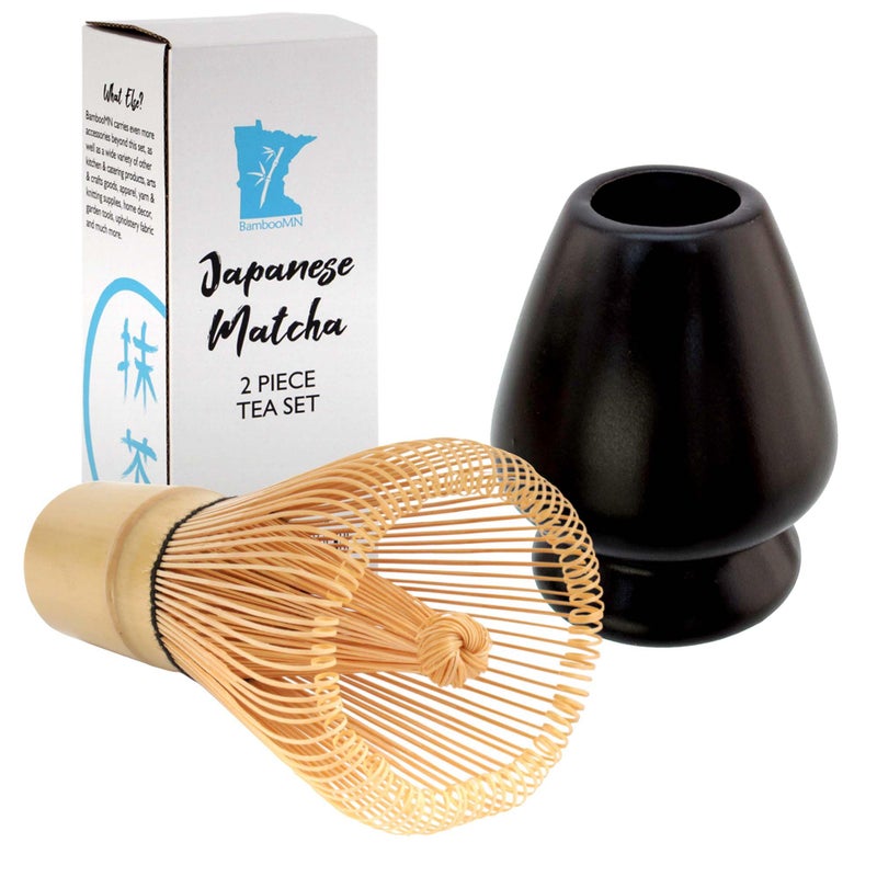 BambooMN Matcha Tea Whisk Set  Bamboo Whisk and Whisk Holder  Black