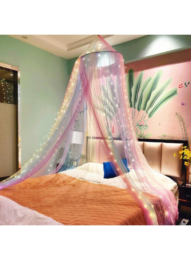 Eimilaly Princess Rainbow Bed Canopy with 250pcs Warm White Curtain Lights, Bed Canopy for Girls Room Decor or Unicorn Theme Party - Image 1