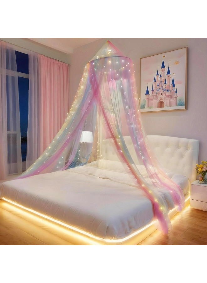 Eimilaly Princess Rainbow Bed Canopy with 250pcs Warm White Curtain Lights, Bed Canopy for Girls Room Decor or Unicorn Theme Party - Image 2