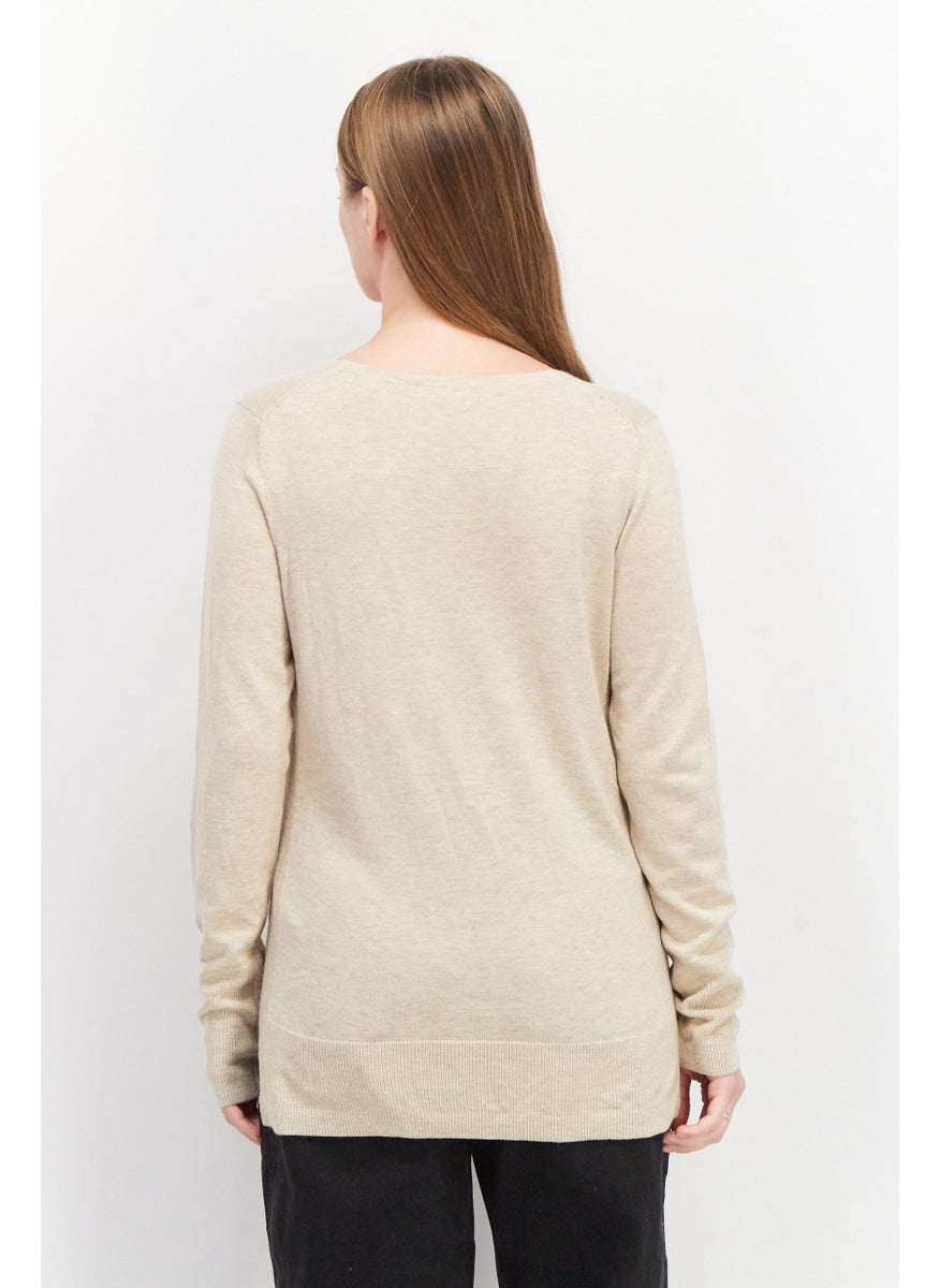 ESPRIT Women V-neck Long Sleeve Textured Sweater, Beige  - Image 3