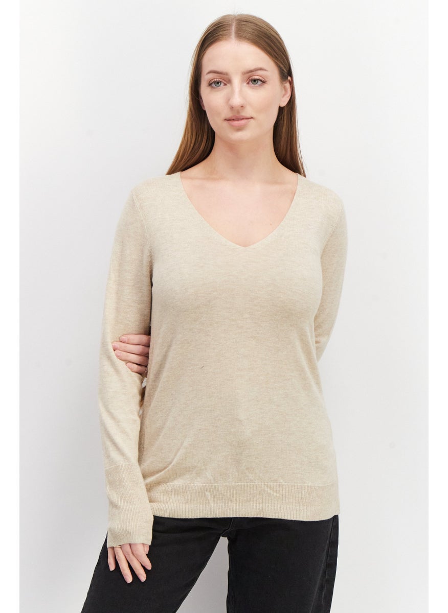ESPRIT Women V-neck Long Sleeve Textured Sweater, Beige  - Image 1
