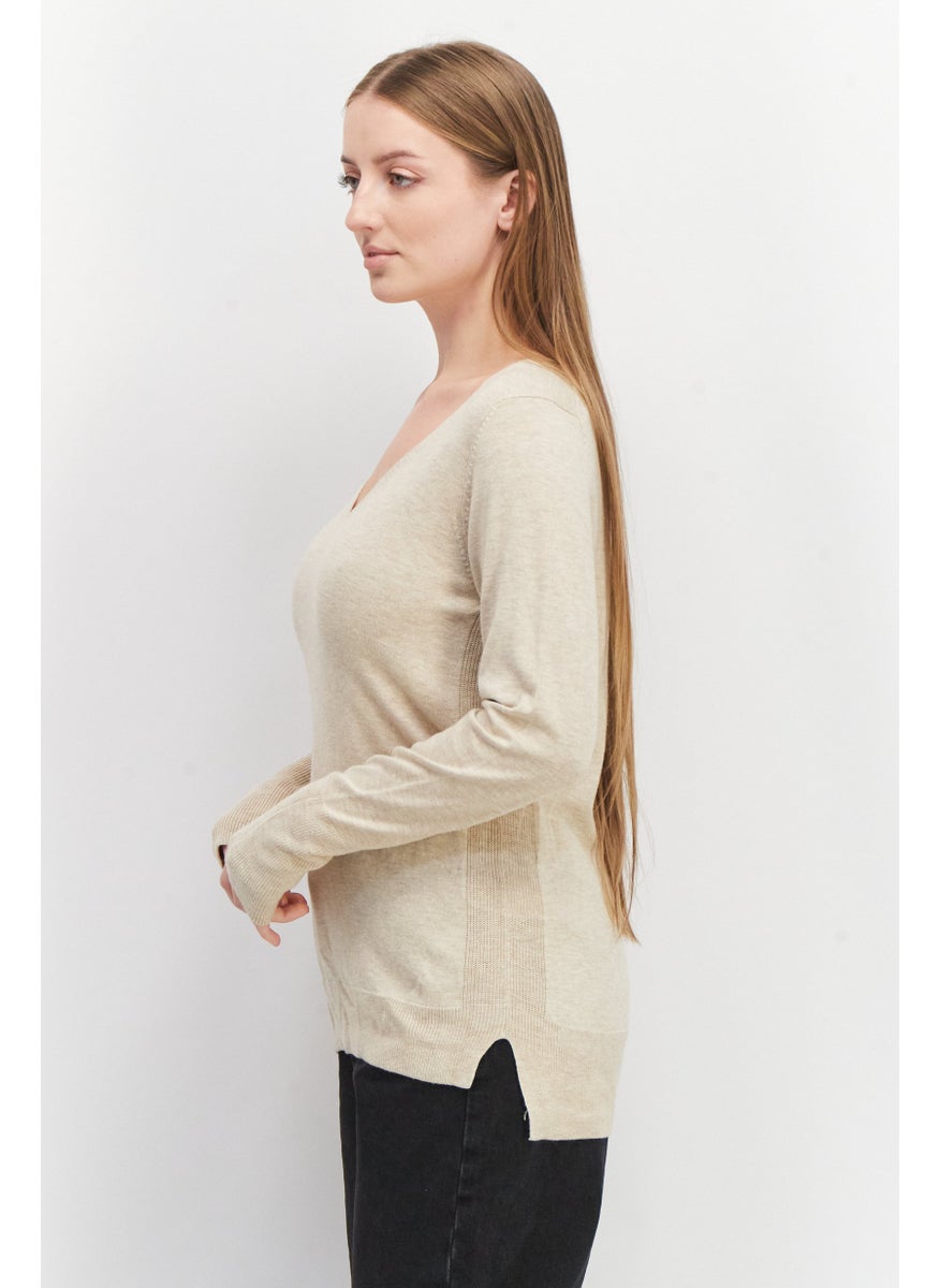 ESPRIT Women V-neck Long Sleeve Textured Sweater, Beige  - Image 2