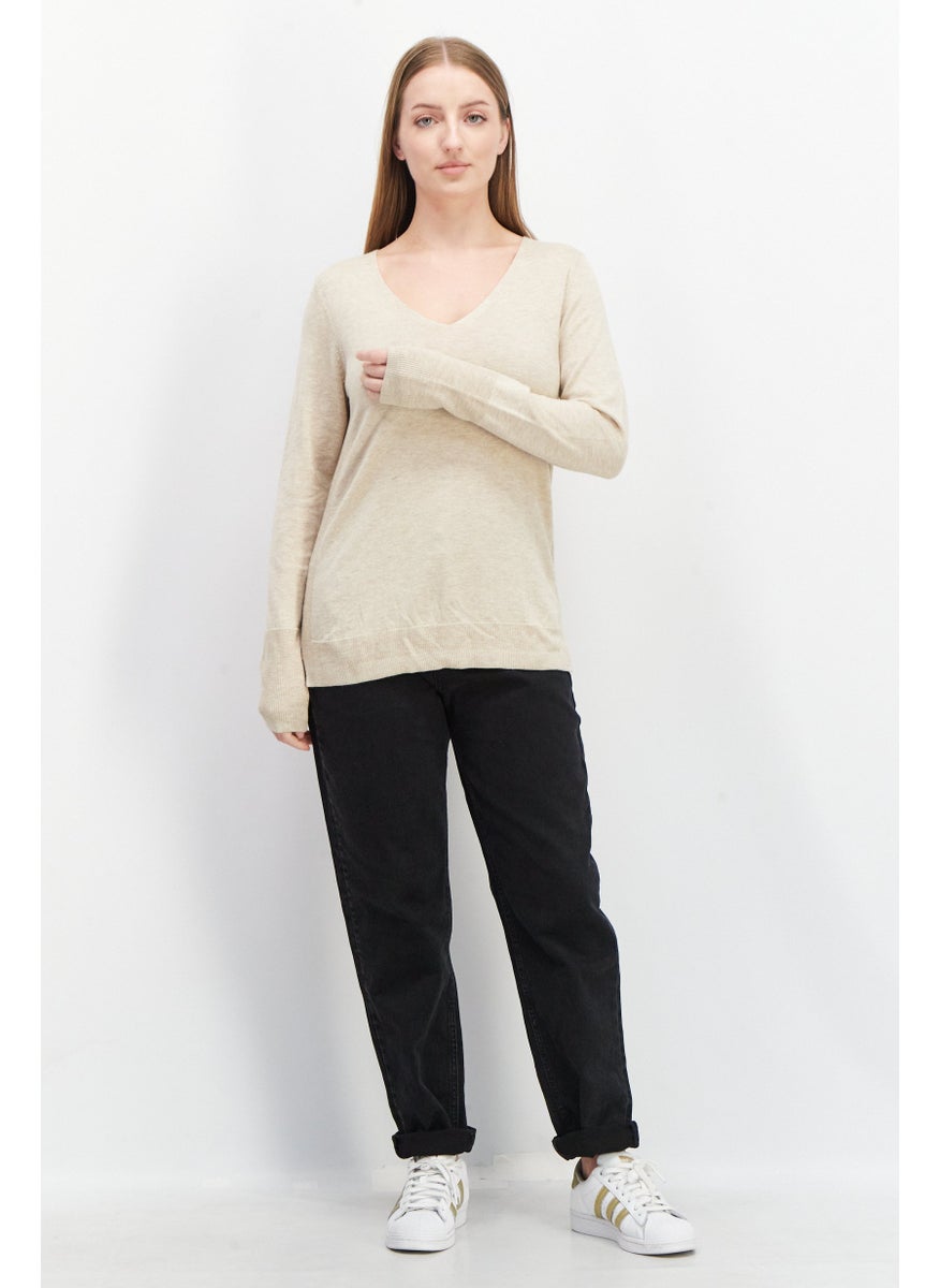 ESPRIT Women V-neck Long Sleeve Textured Sweater, Beige  - Image 4
