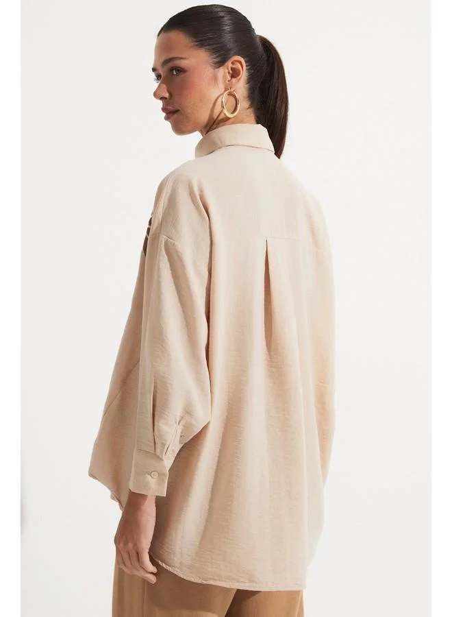 جون June Loose Fit Embroidery Detailed Shirt Stone