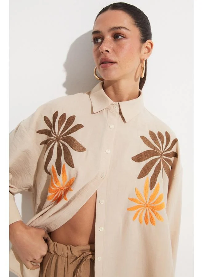 جون June Loose Fit Embroidery Detailed Shirt Stone