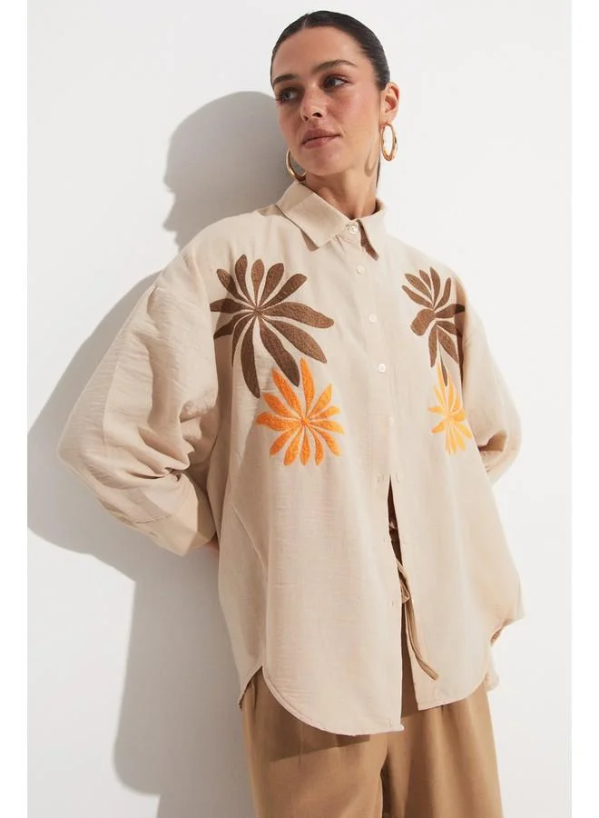 جون June Loose Fit Embroidery Detailed Shirt Stone