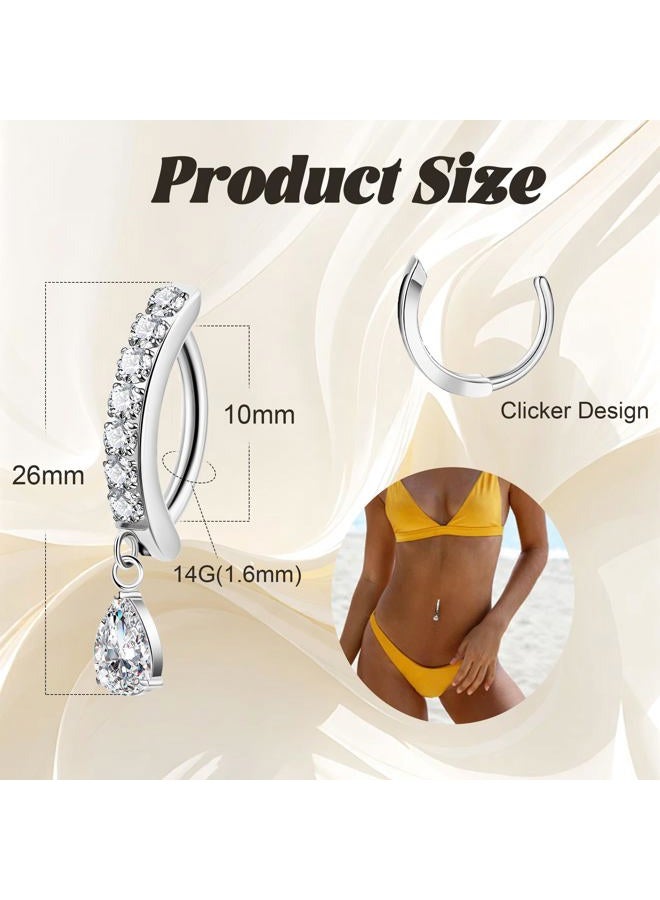 Masedy 14G G23 Titanium Clicker Belly Button Rings for Women Teardrop CZ Dangle Belly Button Rings Curved Reverse Barbell Navel Rings Hypoallergenic Belly Piercing Jewelry Silver - Image 2