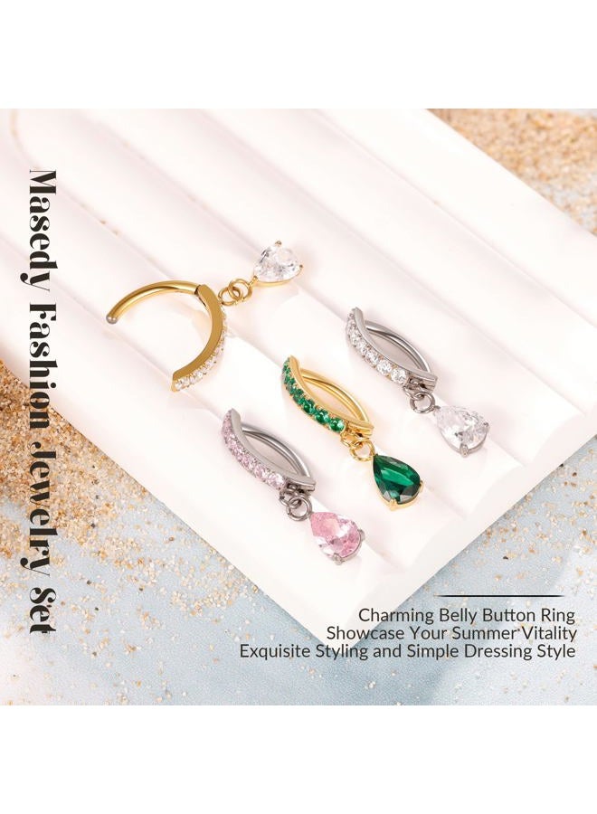 Masedy 14G G23 Titanium Clicker Belly Button Rings for Women Teardrop CZ Dangle Belly Button Rings Curved Reverse Barbell Navel Rings Hypoallergenic Belly Piercing Jewelry Silver - Image 4