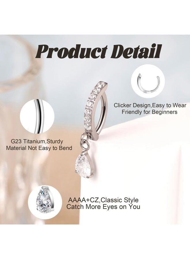 Masedy 14G G23 Titanium Clicker Belly Button Rings for Women Teardrop CZ Dangle Belly Button Rings Curved Reverse Barbell Navel Rings Hypoallergenic Belly Piercing Jewelry Silver - Image 3