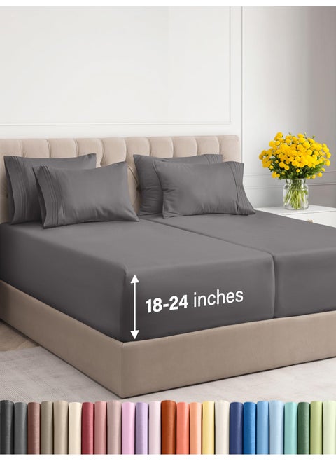 Extra Deep Split King Sheet Set - 7 Piece Breathable and Cooling Sheets - Hotel Luxury Bed Sheets Set - Easy Fit - Soft  Wrinkle Free and Comfy Sheets Set - Dark Grey Sheet Set with Extra Deep Pockets