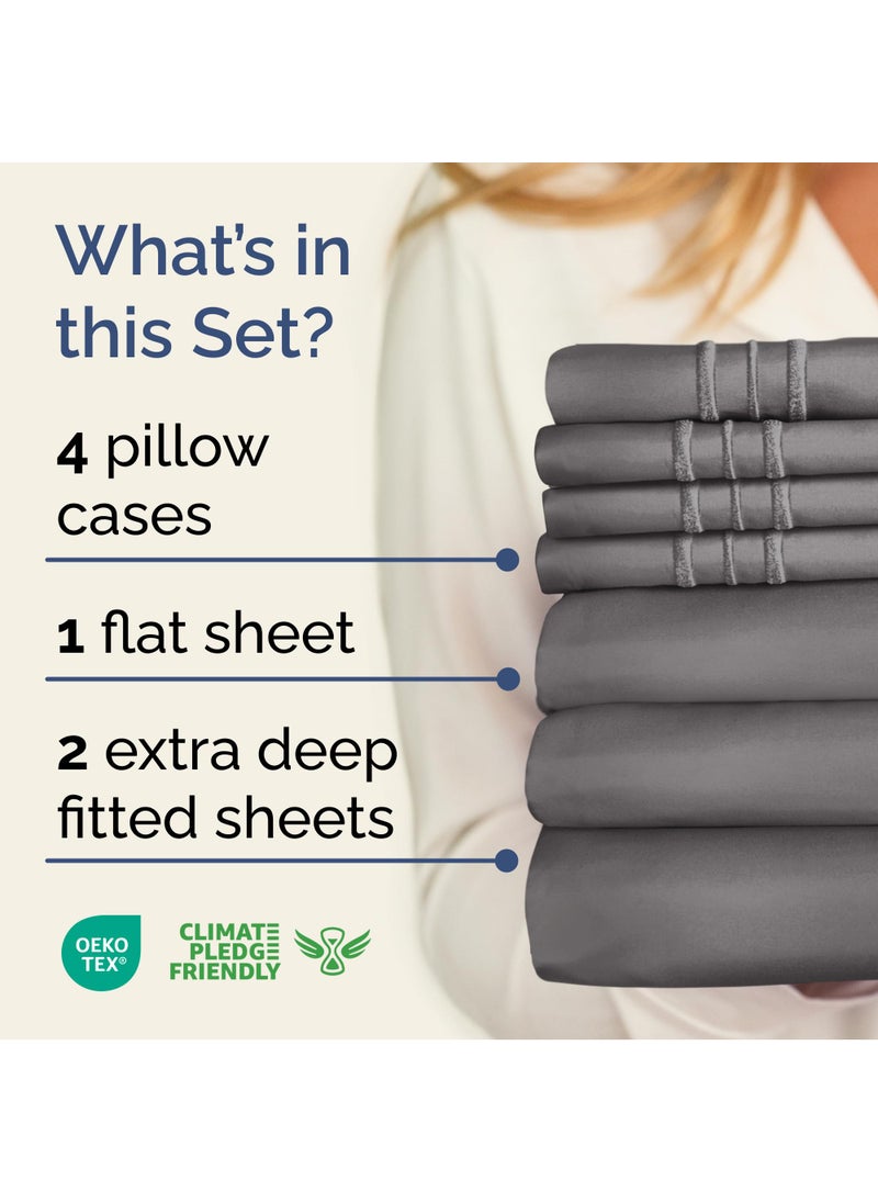 Extra Deep Split King Sheet Set - 7 Piece Breathable and Cooling Sheets - Hotel Luxury Bed Sheets Set - Easy Fit - Soft  Wrinkle Free and Comfy Sheets Set - Dark Grey Sheet Set with Extra Deep Pockets