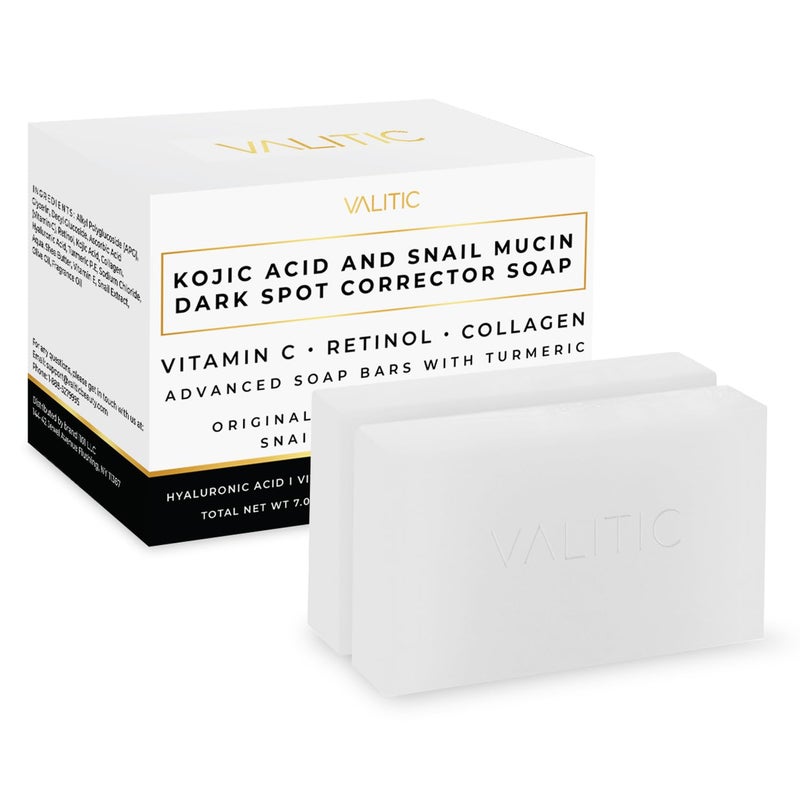 VALITIC Snail Mucin Cleanser Soap Bar with Turmeric and Kojic Acid Dark Spot Corrector Anti Aging and Purifying Skin Care Snail Secretion for Intense Hydration and Moisturization 2 Pack
