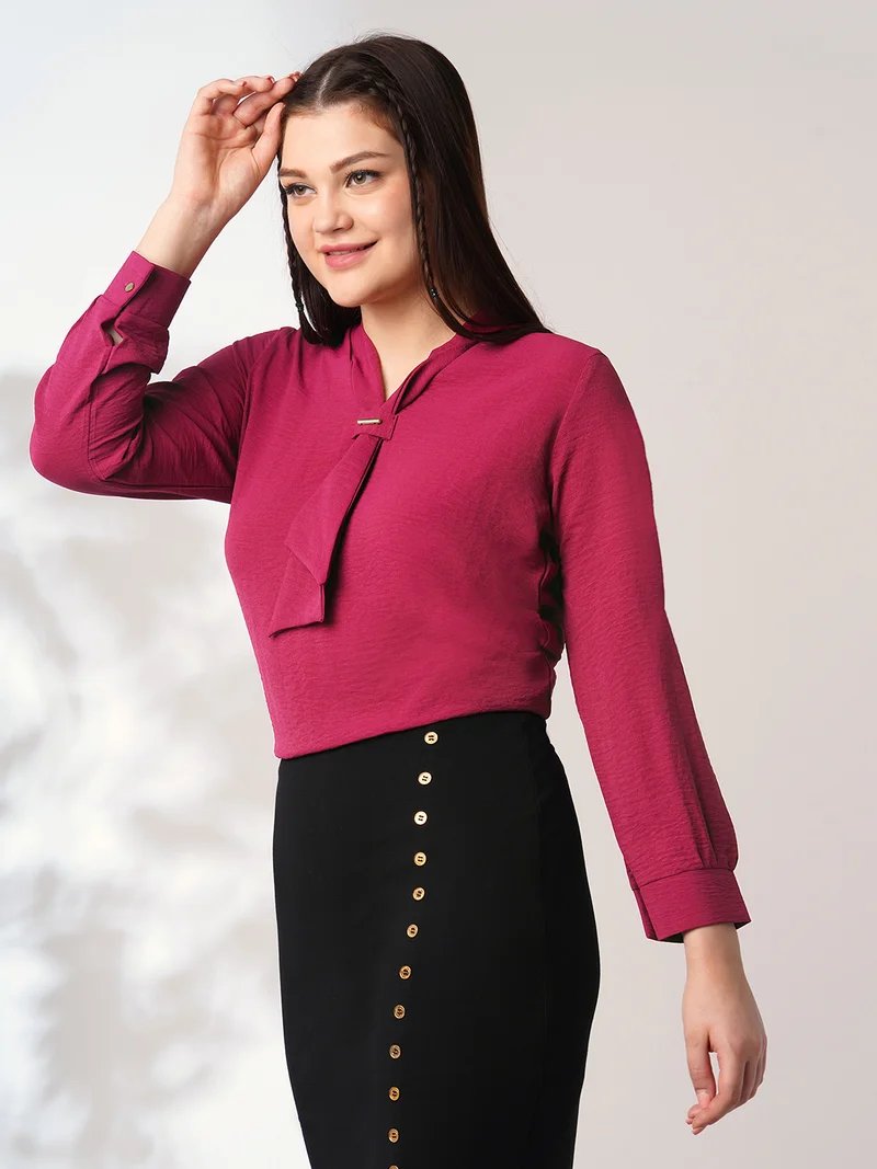 globus Women Maroon Tie-Up Neck Cuffed Sleeves Workwear Top