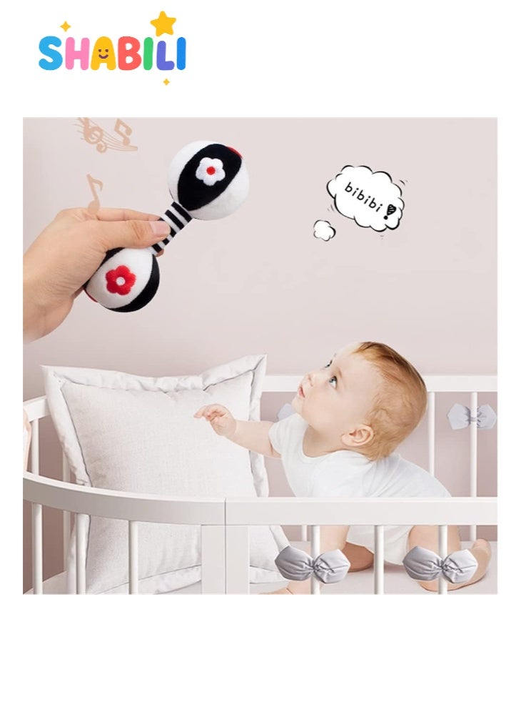 شبيلي لعبتا خشخيشة قطيفة للأطفال، بتباين أسود-أبيض عالي على شكل دمبل، مناسبة للرضّع من 0–12 شهراً، ألعاب حسية سهلة الإمساك مع صوت لطيف، قابلة للغسل، مناسبة لمقعد السيارة/العربة، هدية مثالية للمولود  ⸻ - Image 4