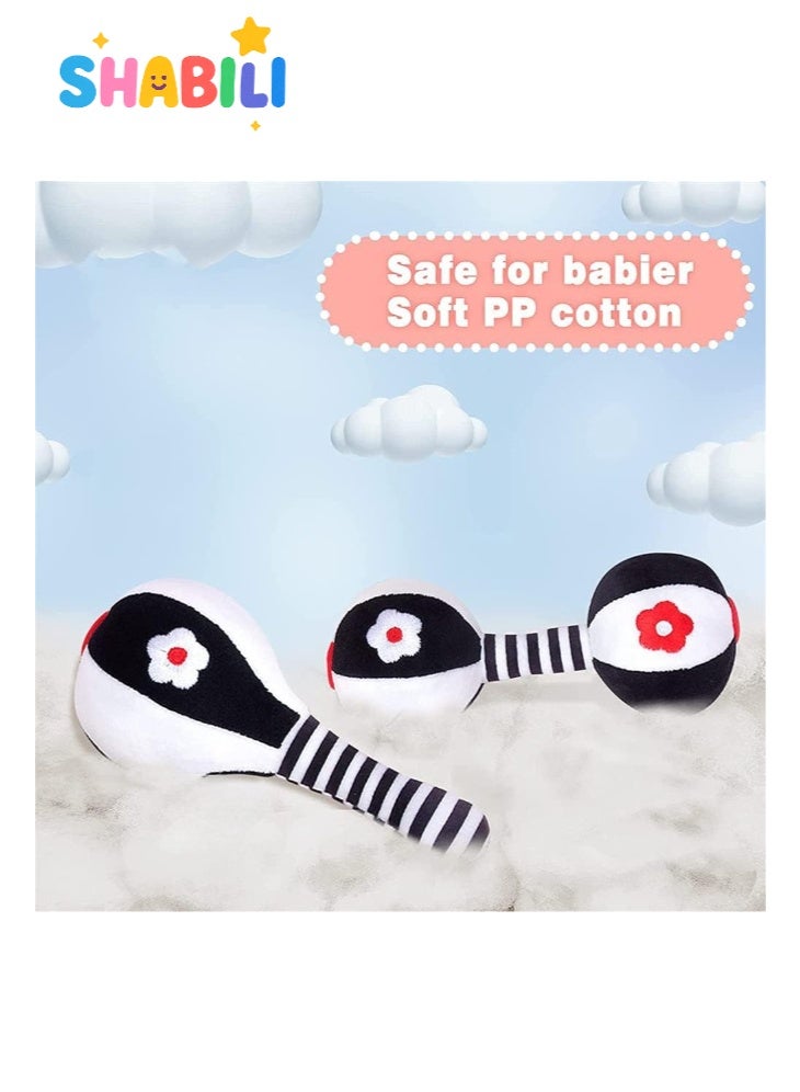 شبيلي لعبتا خشخيشة قطيفة للأطفال، بتباين أسود-أبيض عالي على شكل دمبل، مناسبة للرضّع من 0–12 شهراً، ألعاب حسية سهلة الإمساك مع صوت لطيف، قابلة للغسل، مناسبة لمقعد السيارة/العربة، هدية مثالية للمولود  ⸻ - Image 3