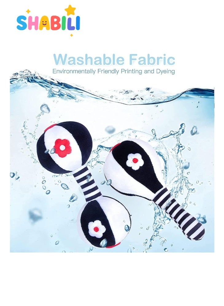 شبيلي لعبتا خشخيشة قطيفة للأطفال، بتباين أسود-أبيض عالي على شكل دمبل، مناسبة للرضّع من 0–12 شهراً، ألعاب حسية سهلة الإمساك مع صوت لطيف، قابلة للغسل، مناسبة لمقعد السيارة/العربة، هدية مثالية للمولود  ⸻ - Image 2