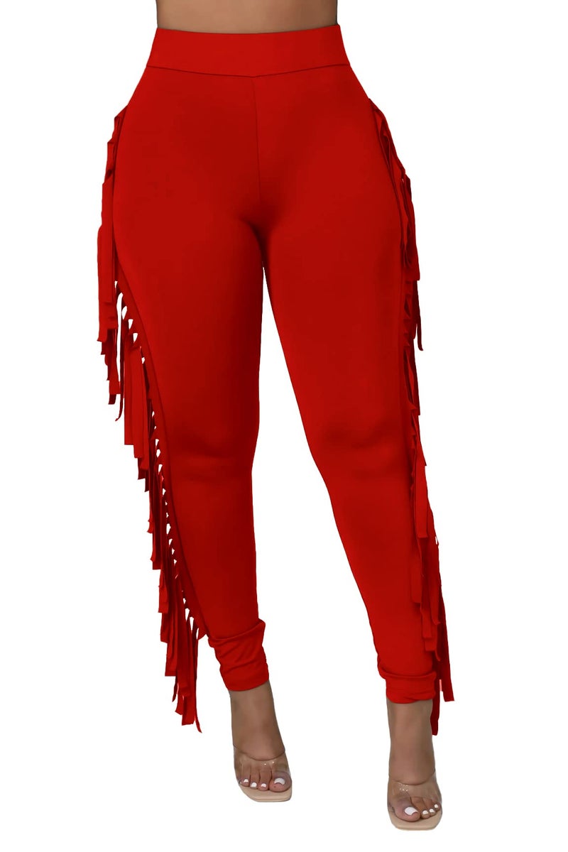 Choichic Women's Casual Slim Fit High Waisted Elastic Waist Fringe Pants Trousers Tassels Side Long Pants Jogger Sweatpant Red Medium - Image 1