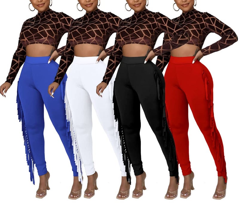 Choichic Women's Casual Slim Fit High Waisted Elastic Waist Fringe Pants Trousers Tassels Side Long Pants Jogger Sweatpant Red Medium - Image 2