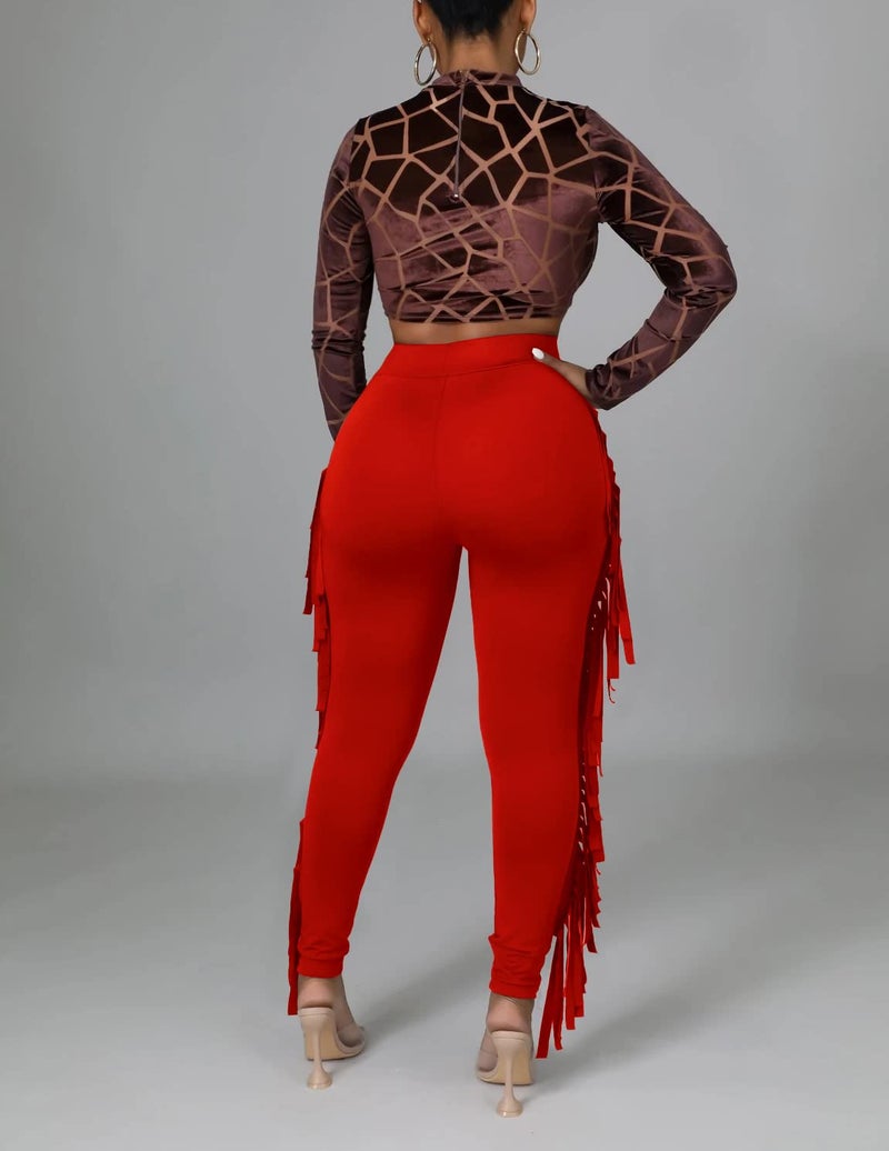 Choichic Women's Casual Slim Fit High Waisted Elastic Waist Fringe Pants Trousers Tassels Side Long Pants Jogger Sweatpant Red Medium - Image 5
