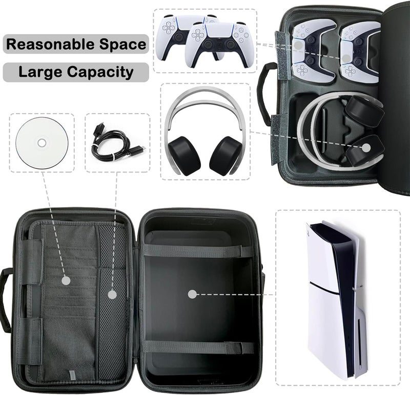 CENXI حقيبة حمل متوافقة مع PS5 Slim، حقيبة سفر PS5 Slim ذات غلاف صلب، حقيبة حماية منظمة لوحدة تحكم PlayStation 5 Slim ووحدة تحكم مزدوجة وملحقات (أسود) - Image 3