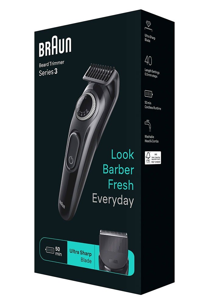 BRAUN Beard Trimmer 3 With Precision Wheel, Ultra Sharp Blade, 3 Styling tools, 80 Mins Runtime, Ni-MH Battery  BT 3410 Black - Image 5