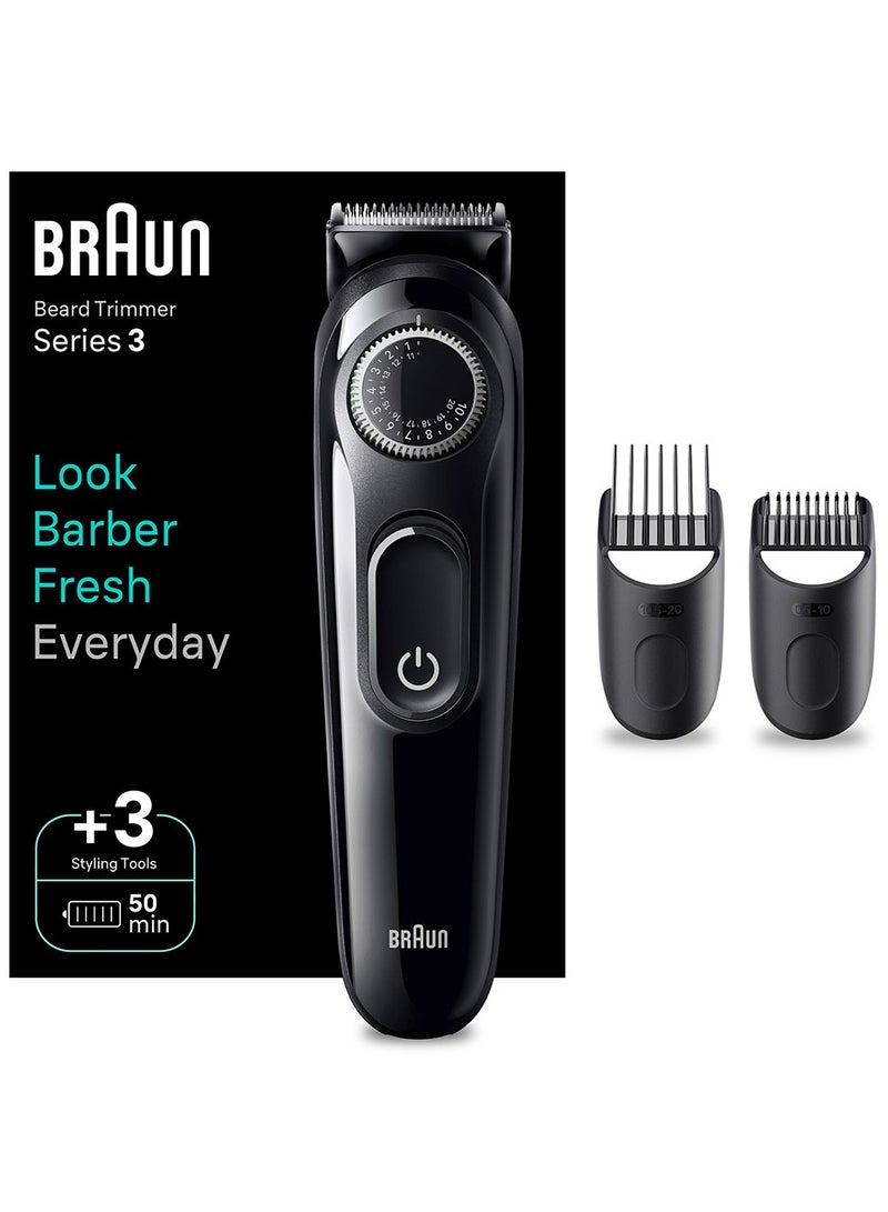 BRAUN Beard Trimmer 3 With Precision Wheel, Ultra Sharp Blade, 3 Styling tools, 80 Mins Runtime, Ni-MH Battery  BT 3410 Black - Image 1