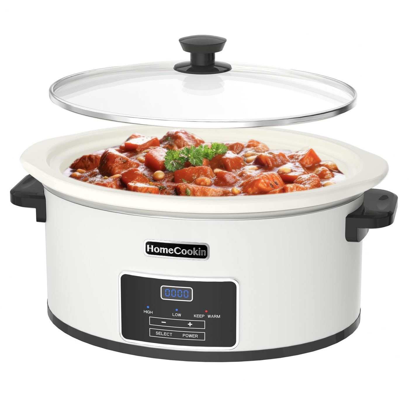 HOMECOOKIN 8-Quart Programmable Slow Cooker with Timer Keep Warm - Small Kitchen Appliance for Family Dinners - Serves 6+ People (White)