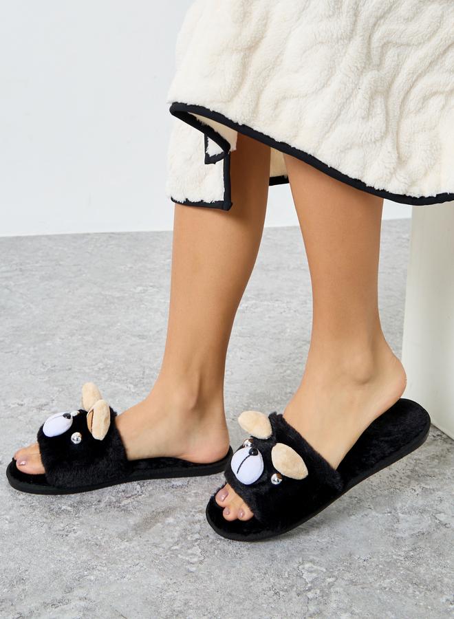 Styli Black Furry Bedroom Slippers - Image 1