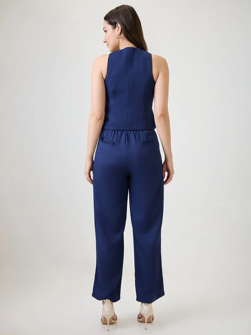 globus Women Navy Blue V-Neck Solid Front Pocket Detail Waistcoat With Trousers Workwear Co-Ord Set