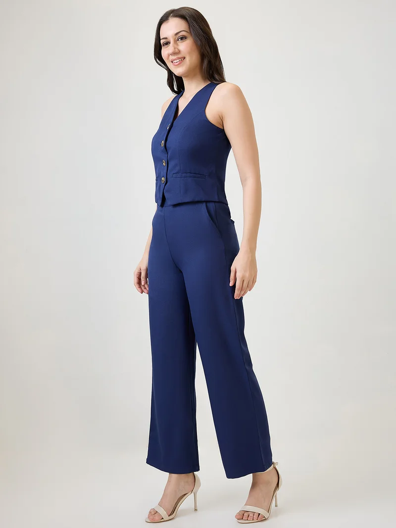 globus Women Navy Blue V-Neck Solid Front Pocket Detail Waistcoat With Trousers Workwear Co-Ord Set