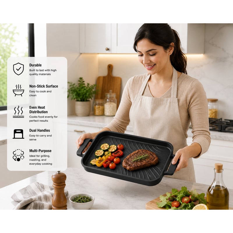 Non-Stick Rectangular Grill Pan with Wooden Serving Board 36x17 cm - 8032 - Image 2