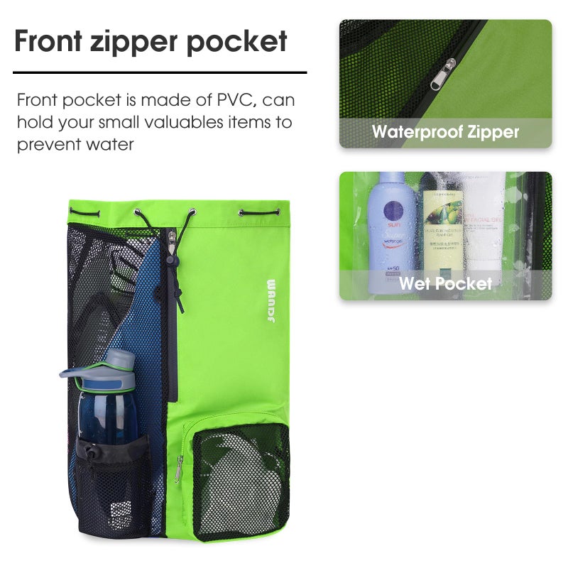 WANDF Swim Bag Mesh Drawstring Backpack with Wet Pocket Beach Backpack for Swimming, Gym, and Workout Gear (Green) - Image 3